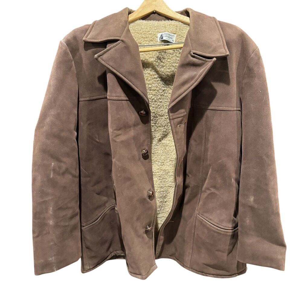 Vintage 70s Fingerhut Fashions Faux Suede Sherpa Lined Coat Mens 46 USA - HLBN